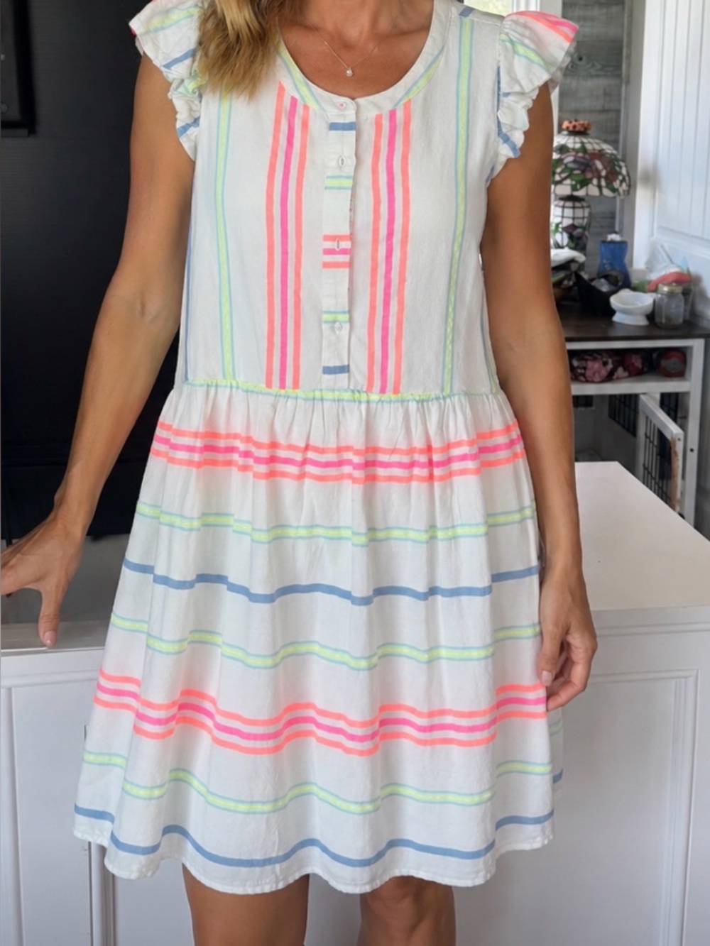 Women’s White Stripe Summer Dress with Neon Accents